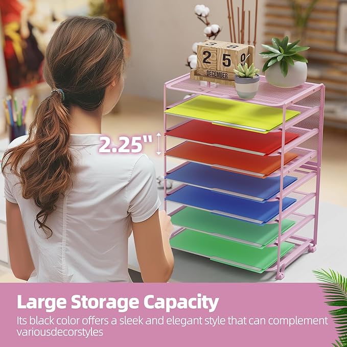 Simple Trending 2 Pack 8 Tier Letter Tray Paper - Mesh Desk File Organizer for Office School Desktop, Pink