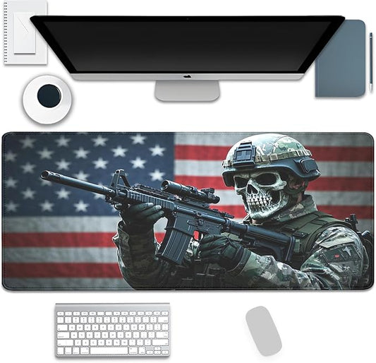 America Skeleton Warrior Mouse Pad,US Flag Soldier XL Mousepad Desk Pad with Stitched Edges,Non-Slip Waterproof Rubber Base Mouse Mat Desk Mat for Office Computer Keyboard Laptop Home(27.5x11.8 in)