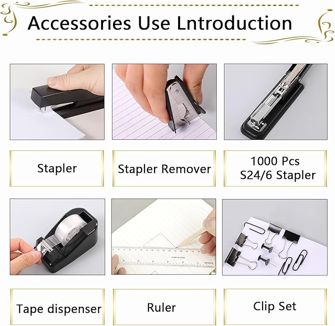 Office Supplies Set,Desk Accessories,Stapler and Tape Dispenser Set,1000 Staples,Staple Remover,Hinder Clips,Ruler,Scissor,Clear Tape,Ballpoint Pen,Sticky Notes,Gifts for Colleagues(Black)