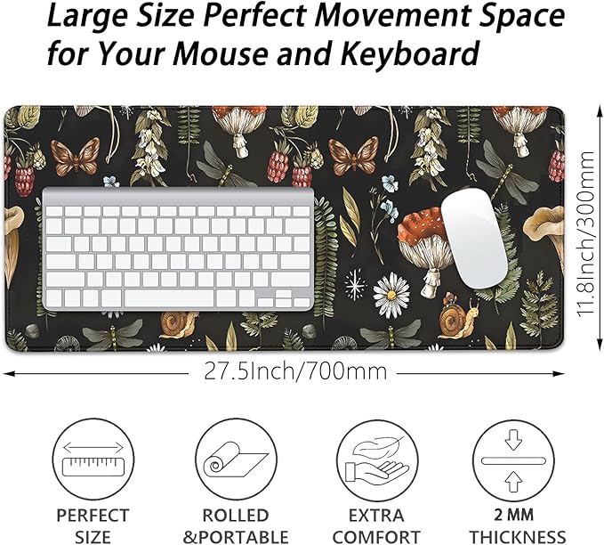 Plant Mushroom Desk Pad Mouse Pad,Large Black Aesthetic Mouse Mat with Stitched Edges,Non-Slip Rubber Base Mousepad for Office PC Keyboard Laptop and Home Work Desk Mat(27.5X11.8 in)