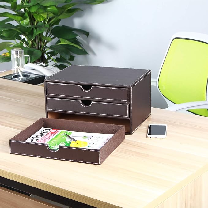 Stackable 3-Drawer Desk Organizer, Executive Office Supplies Desktop Filing A4 File Cabinet/Holder, Leather Storage Box for Document/Paper/Home Decor Accessories (brown)…