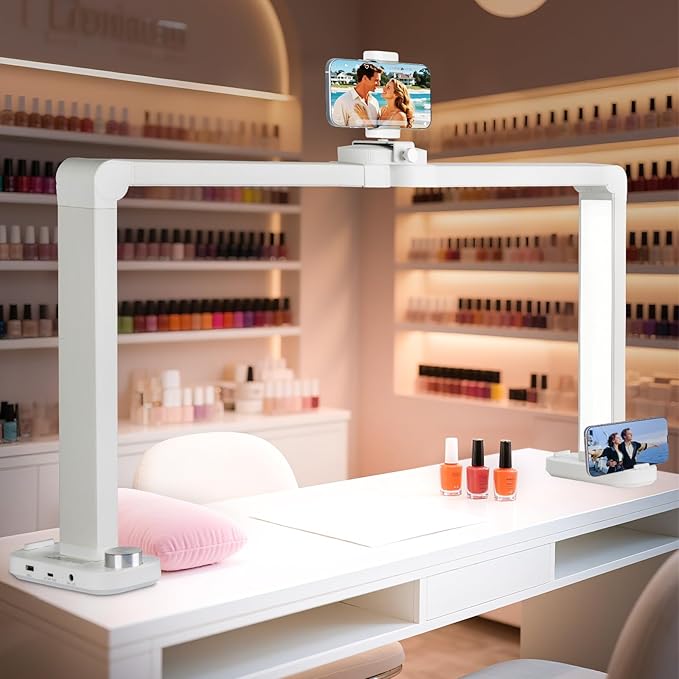 KIRKAS 34inch Large Half Moon Light for Nail Tech, 456 LEDs 3 Color Modes Infinitely Knob Arch Light with Phone Holder Charging Function, Foldable Nail Desk Lamp for Eyelash Extension, Tattoo-White