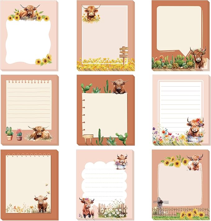 Sabary 9 Pads Cute Sticky Notes Animal Sticky Note Pads 3.15 x 3.94 Inches Colored Adhesive Memo Reminder Decor for Journal School Office Gifts(Highland Cattle)