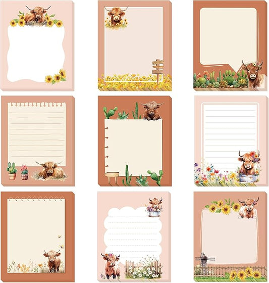 Sabary 9 Pads Cute Sticky Notes Animal Sticky Note Pads 3.15 x 3.94 Inches Colored Adhesive Memo Reminder Decor for Journal School Office Gifts(Highland Cattle)