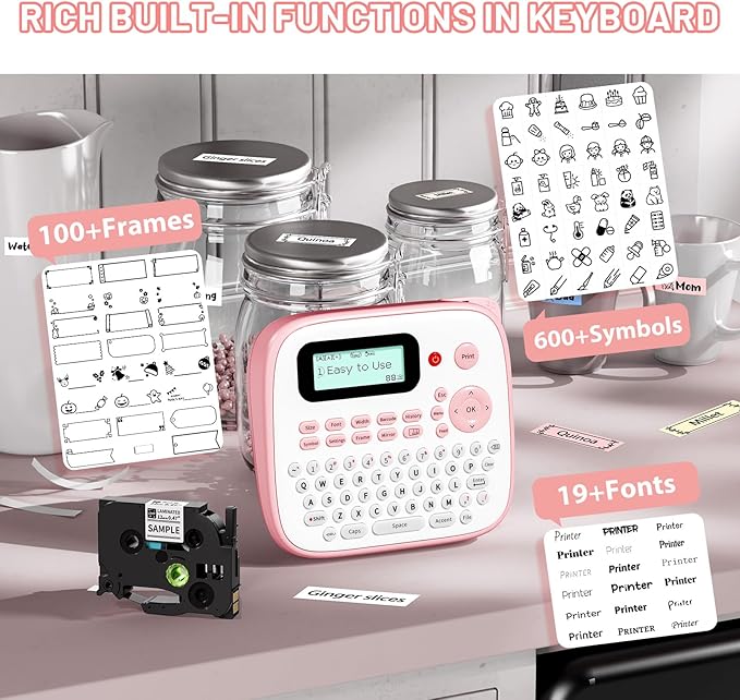Pink Label Maker Machine with-Tape, Kids Label Maker Waterproof-Labels, D210S Portable Labeler Machine Multiple Fonts Frames Barcode for Home Kitchen Office School Use