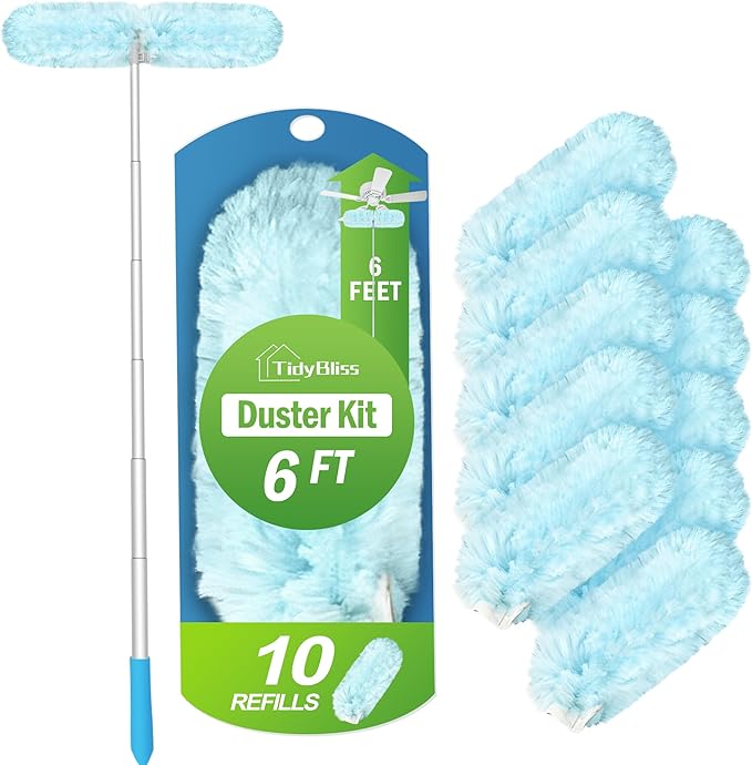 TidyBliss 6 ft Extendable Dusters for Cleaning Compatible with Swiffer, Super Long Handle Dusting Wand Kit with 10 Refills, 360 Degree Heavy Duty Microfibers Dust Removing Tool for Ceiling Fan Wall