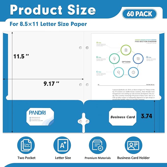 Two Pocket Portfolio Folders, PANDRI 60 Pack 3 Hole Punched 2 Pocket Folders for 3 Ring Binder, Letter Size Paper File Folder for School Office Home Business, Blue