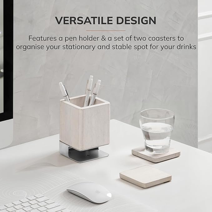 Anji Mountain Mango Wood Pen Holder with 2 Coasters, Stained Wood & Powder Coated Metal Pen Holder, Sustainable Room Decor Desk Organizer, Stylish Designer Pencil Case for Office Supplies