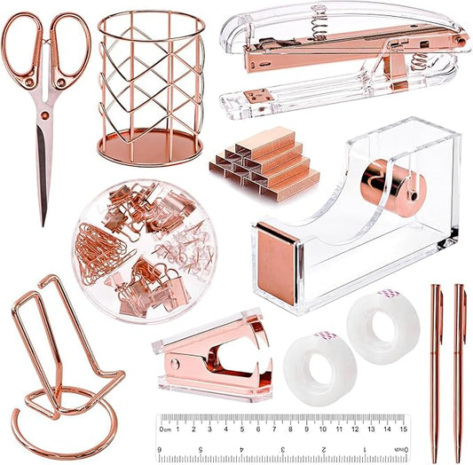 Office Supplies,Desk Accessories,with Stapler,Tape Dispenser,Pen Holder Cup for Desk,Staple Remover,Scissor,Ballpoint Pen,Clear Tape, Staples,Phone Stand,Ruler,Binder,Best Gift Set(Rose Gold)