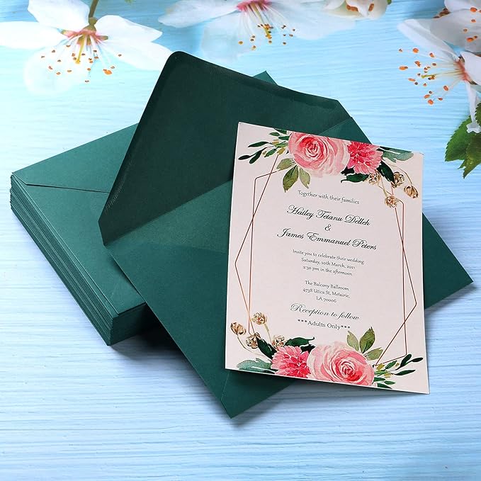 PONATIA 50 PCS/Pack A7 Emerald Green Envelopes, 5.25x7.5'', Perfect For 5x7'' Weddings Invitation Cards, Graduation, Acrylic Invitations, Photos, 5x7'' Envelopes For Invitations
