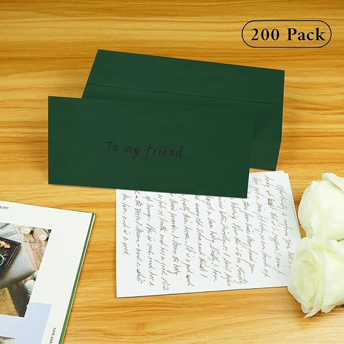 200 Pack #10 Business Envelopes, Dark Green Standard Envelopes Self Seal, Letter Size Mailing Envelopes for Checks Letters Invoices Christmas Birthday Graduation Wedding, 4 1/8 x 9 1/2 Inch