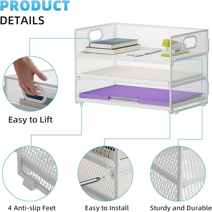 Marbrasse 3 Tier Paper Organizer Letter Tray, Mesh File Organizer with Handle, Paper Sorter Desk Organizer for Home Office Supplies(White)