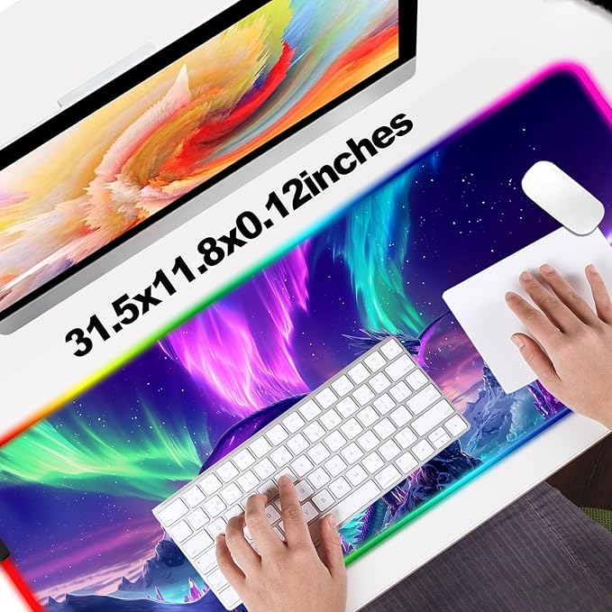 RGB Fantasy Aurora Scenery and Dragon Gaming Desk Mat, Computer Keyboard Large Extended Long LED Mouse Pad for Office and Home, XL (W06)