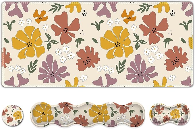 ARTSO Gaming Mouse Pad Wrist Support Set,Cute Flower Desk Mat+Mouse Pad with Wrist Rest +Keyboard Wrist Pad+Coaster,4-in-1 Mousepad Ergonomic Design for Home Office Game