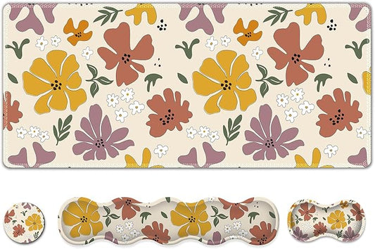 ARTSO Gaming Mouse Pad Wrist Support Set,Cute Flower Desk Mat+Mouse Pad with Wrist Rest +Keyboard Wrist Pad+Coaster,4-in-1 Mousepad Ergonomic Design for Home Office Game
