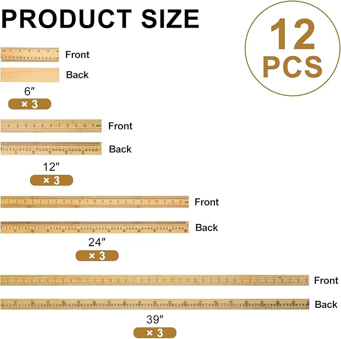 Fulmoon 12 Pieces Wood Double Sided Meter Stick Yard Stick Thick Wooden Ruler Yardsticks Bulk for School Classroom Home Office Kids Measuring Meterstick(39", 12", 24", 6")