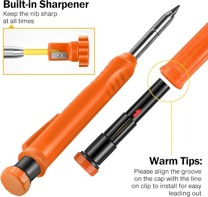Hiboom 2 Pack Solid Carpenter Pencils with Pencil Cap and 18 Refills, Long Nose Deep Hole Mechanical Pencil Marker, Scribe Tool with Built-in Sharpener for Construction Woodworking Architect (Orange)