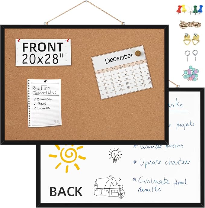 20” x 28” Cork Boards for Walls with Black Wooden Frame 1pack, Whiteboard and Cork Board Combo Double Sided Office Board for Wall Organizer, Bulletins Board Hanging Pin Board for School Home Office