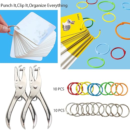 2 PCS Hole Punch 1/4inch Single Hole Punch with 20 Pcs Binder Rings,Small One Hole Paper Punch for DIY Crafts,Flash Cards,Gift Tags,Tickets,Hole Puncher Single for Home,Office,School