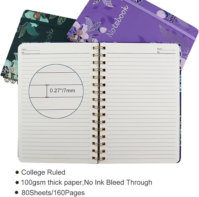 3 Pack Hardcover Spiral Notebook Journal for Women,A5 College Ruled Notebooks with Pocket,8.5"x 5.7",160 Pages,Cute Journals for Daily Study or Work