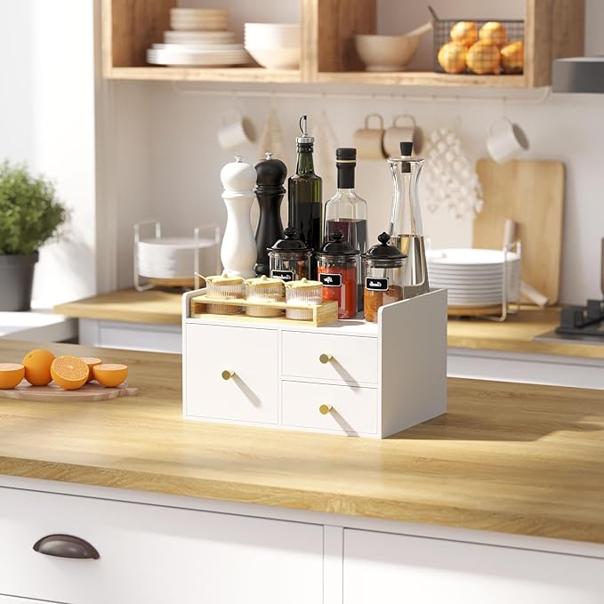 Bamboo Desk Organizer with Drawers Wooden Desktop Storage Organization Box for Bills Office Supplies Kitchen Utensils Organizing Tool for Home Classroom Vanity, No Assembly Required (3 Drawer, White)