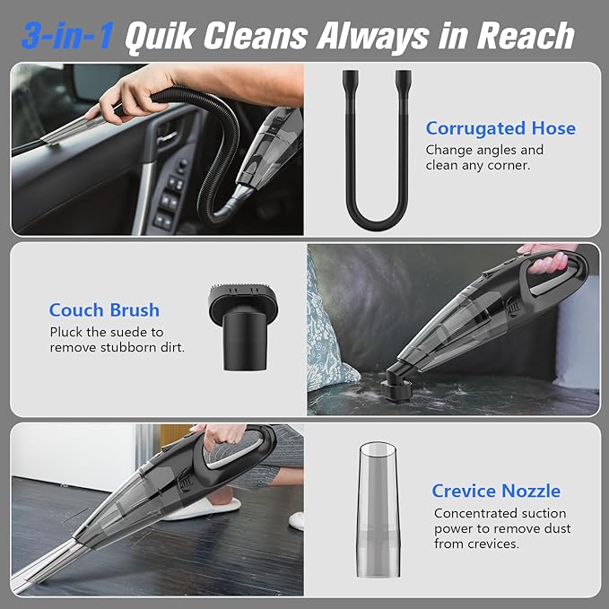 BSRCO Handheld Vacuum Cordless Rechargeable 3-in-1, Car Vacuum Portable Cordless with USB Charge, Handheld Vacuum with LED Light, HEPA Filter, 1.65LBs Lightweight Vacuum Cleaner for Dust, Pet Hair
