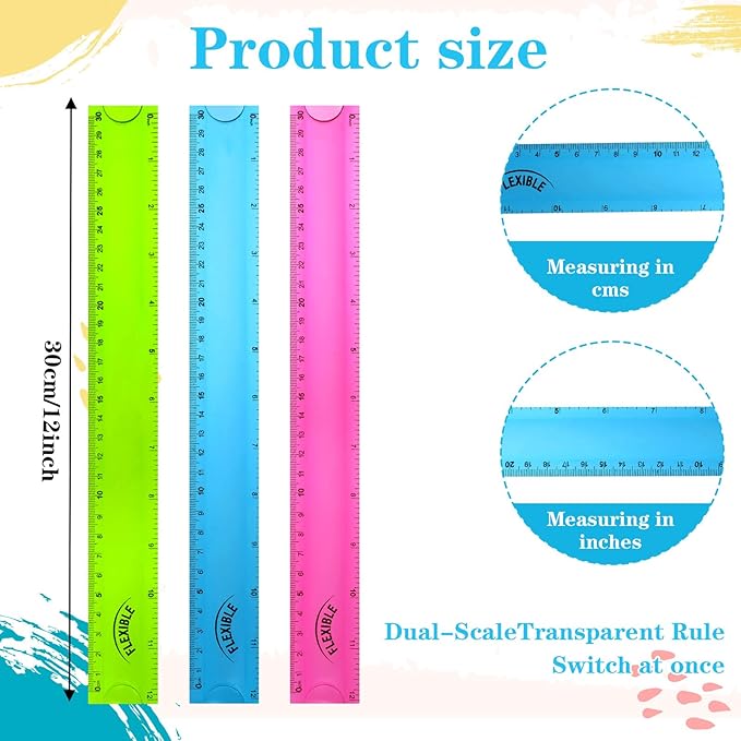 Grevosea 3 PCS Flexible Ruler, 12 Inch Clear Plastic Ruler Soft Bendable Rulers with Centimeters and Inches for Kids and Adults School Classroom Office Supplies (Rose, Green, Blue)