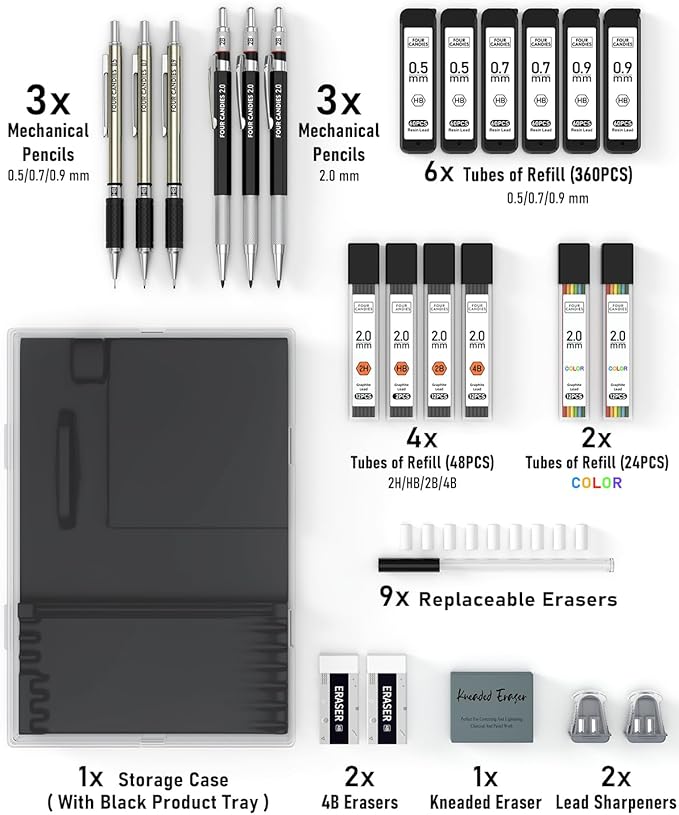 Four Candies 25PCS Art Mechanical Pencil Set with Case, 3PCS Metal Artist Lead Pencil 0.5, 0.7, 0.9 mm & 3PCS 2mm Holder (HB 2H 2B 4B Color) with 432PCS Graphite Lead Refills for Drawing Sketching