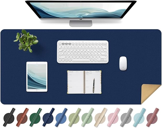 Non Slip Desk Mat, 31.5" x 15.7" PU Leather Desk Pad, Cork Desk Mat for Desktop, Desk Pad for Keyboard and Mouse, Ideal for Office and Home, Dark Blue