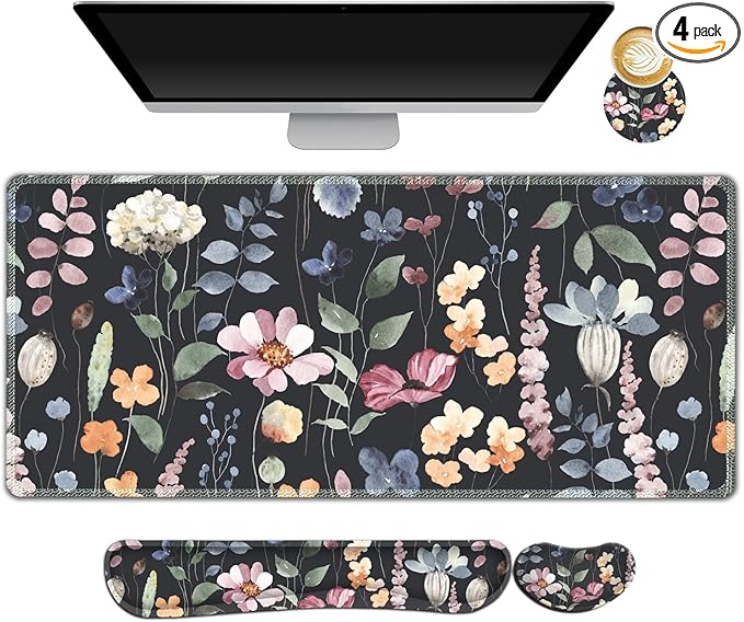 ARTSO Gaming Mouse Pad Wrist Support Set, XXL Large Desk Mat Mousepad + Keyboard Wrist Support+ Mouse Wrist Rest+Coaster 4in1 Ergonomic, Memory Foam, Stitched Edge for Home Office -Flowers Plants