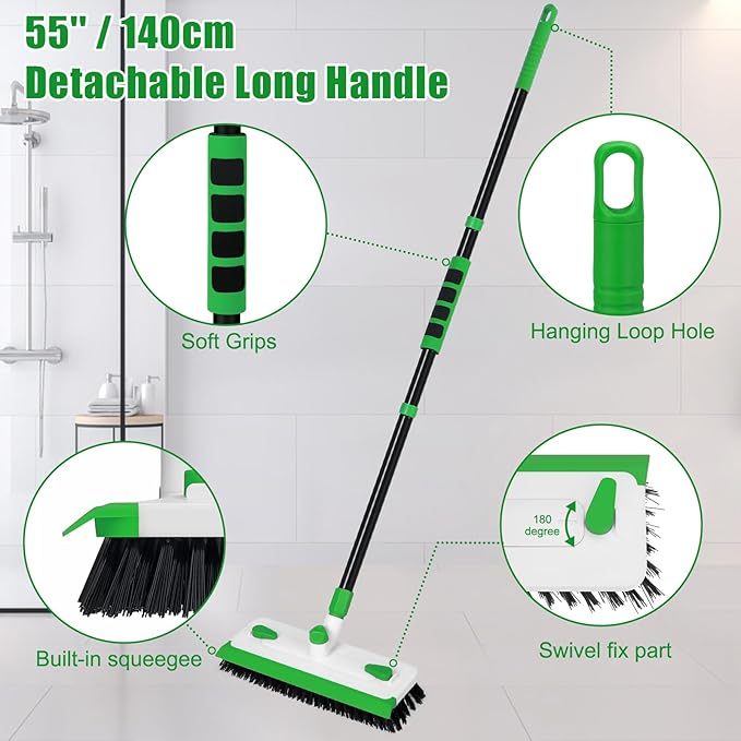 Floor Scrub Brush with Long Handle, 3-in-1 Floor Scrubber Brush with Squeegee Stiff Bristle Deck Brush for Cleaning Tile Bathroom Patio Deck Garage Grout