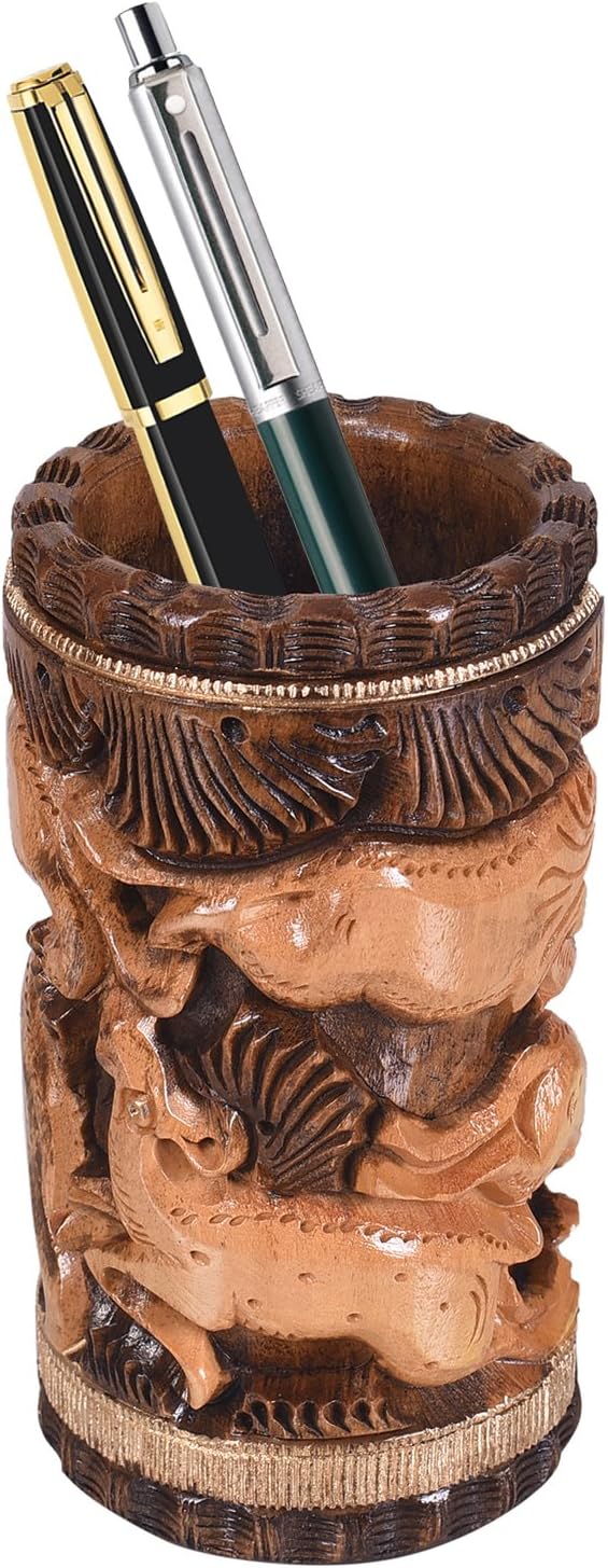 Craft Trade Hand Carved Wooden Pencil Holder for Desk Organizer for Home School Office Supplies Pen Pot Storage Box Suitable for Stationery - Wood