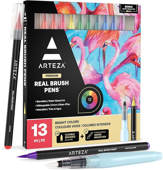 ARTEZA Real Brush Pens, Set of 12, Bright Tones, Blendable Watercolor Markers and 1 Water Brush, Art Supplies for School, Home, and Office