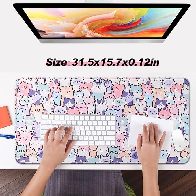 Cute Kawaii Cat Mouse Pad, Gaming Office Home Mousepad, Computer Keyboard and Laptop Desk Mat for Women, Large Extended Non-Slip Rubber Base with Stitched Edges, 31.5x15.7x0.12 in, Pink