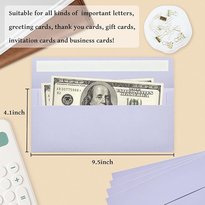 200 Pack #10 Business Envelopes, Light Purple Standard Envelopes Self Seal, Letter Size Mailing Envelopes for Checks Letters Invoices Statements Birthday Graduation Wedding, 4 1/8 x 9 1/2 Inch