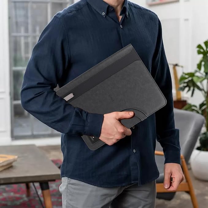 Premium Leather Padfolio with Zipper,Business Folder,Smartest Protective 10.1 Inch Tablet Sleeve,8000mAh Power Bank,Wired Charging,Presentation Slot,Solar Calculator, Card Storage, Writing Pad