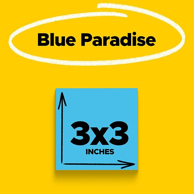 Post-it Super Sticky Notes, 5 Sticky Note Pads, 3 x 3 in., School Supplies, Office Products, Sticky Notes for Vertical Surfaces, Monitors, Walls and Windows, Blue Paradise