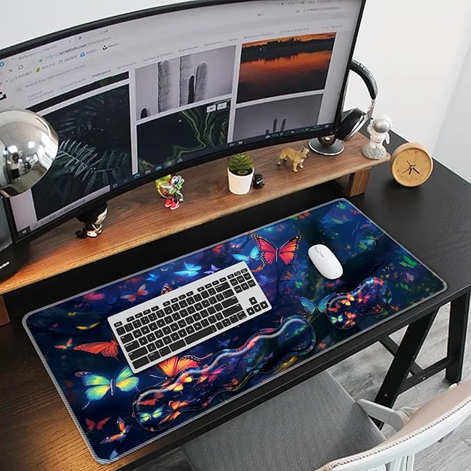 Keyboard Mouse Pad Set,Large Mouse Pad+Keyboard Wrist Rest+Wrist Support+Coaster,31.5x11.8in Extended Desk Mat for Computer Laptop Office Home - Butterfly
