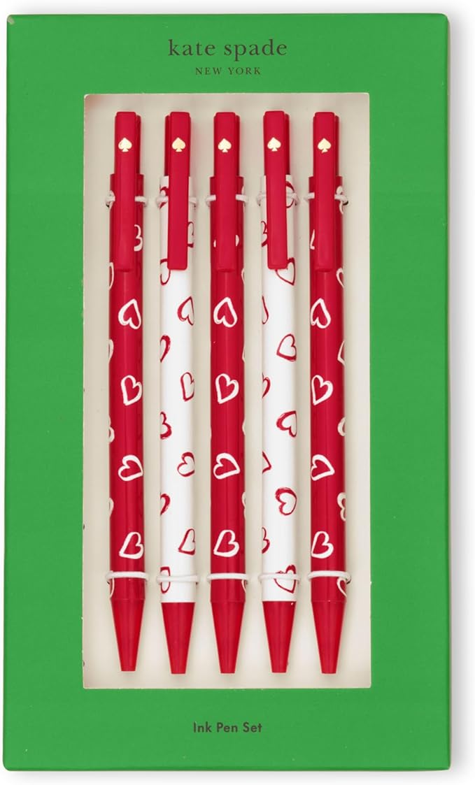 kate spade new york Black Ink Pen Set of 5, Cute Click Pens, Plastic Retractable Pens for Writing and Journaling (Brushstroke Hearts)