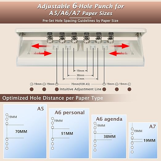 Metal Adjustable 6 Hole Punch for A5 A6 A7 Binders/Planners, Paper Hole Puncher 6 Ring with Guide Rule, 6 Sheet Capacity, Heavy Duty 6 Hole Punch for Binder/Agenda/Notebook/Bookbinding DIY (Off White)