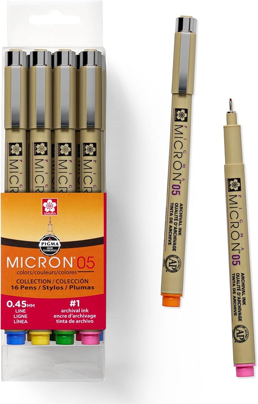 SAKURA Pigma Micron Fineliner Pens - Archival Black & Colored Ink Pens - for Writing, Drawing, or Journaling - Black & Colored Ink - 05 Point Size - 16 Pack