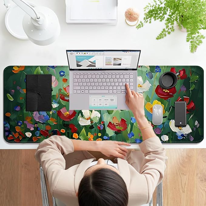 Abstract Green Wildflower Gaming Desk Mat, Computer Keyboard Large Extended Long Floral Mouse Pad for Office and Home, XL (W23)