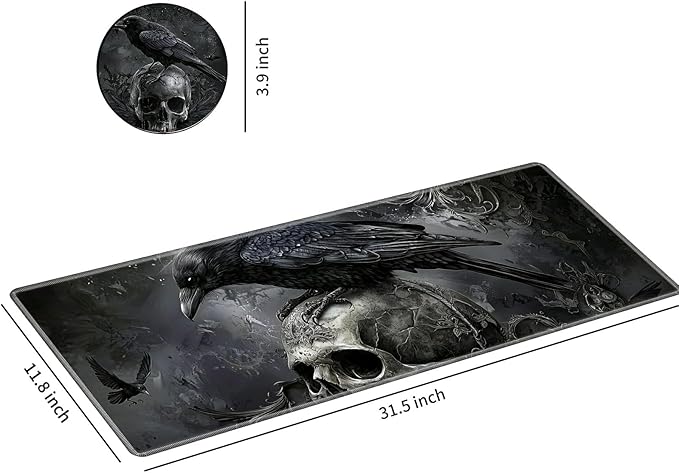 Desk Mat Large Gaming Mouse Pad (31.5x11.8 inch) with Stitched Edges, XL Mouse Pad +Coaster, Extended Mouse Mat Keybroad Mousepad Non-Slip Rubber for Gamer Men Women, Dark Raven Skull