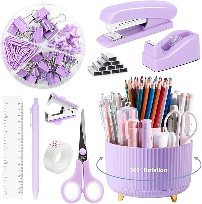 10pcs Purple Office Accessories for Women, Office Supplies Set, Desk Organizers with 360° Pen Holder, Stapler, Staple Remover, Tape, Tape Dispenser, Scissor, Ruler, Pen, Gift for School Home Office