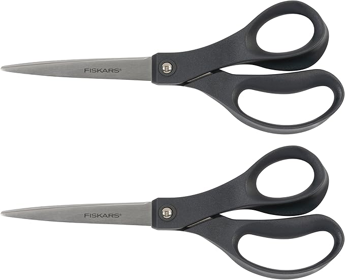 Fiskars 8” Everyday Stainless Steel Scissors (2-Pack) with Ergonomic Handles, Home & Office Scissors for Cutting Paper, Cardboard, Photos and More, Gray