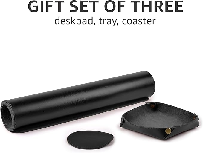 LEATHER VILLAGE -32''X16 Real Leather Desk Mat for Desktop & Laptop, with Leather Tray & Tea Coaster, 3mm Thick Desk Cover-Protector-Blotter- Black Color