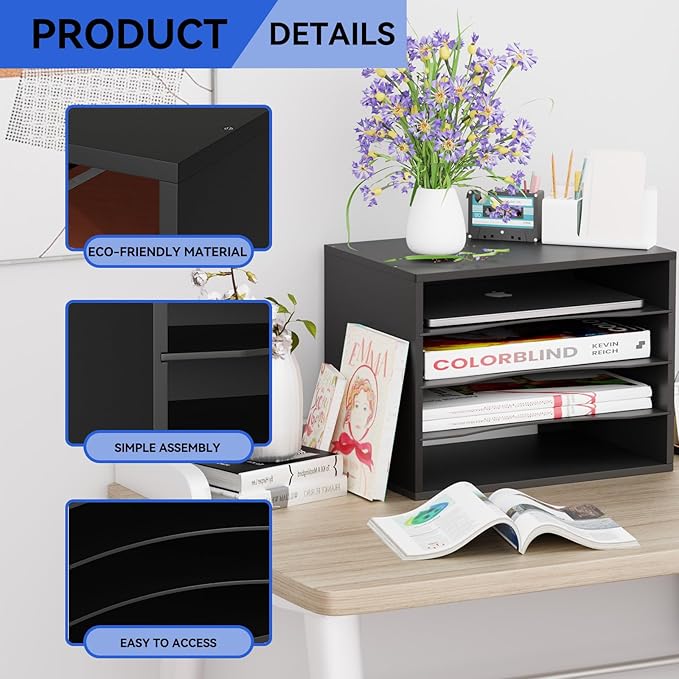 Wood Desktop Letter Tray File Organizer, Paper Storage Mail Sorter with 3 Adjustable Drawer Boards for Home and Office, Black