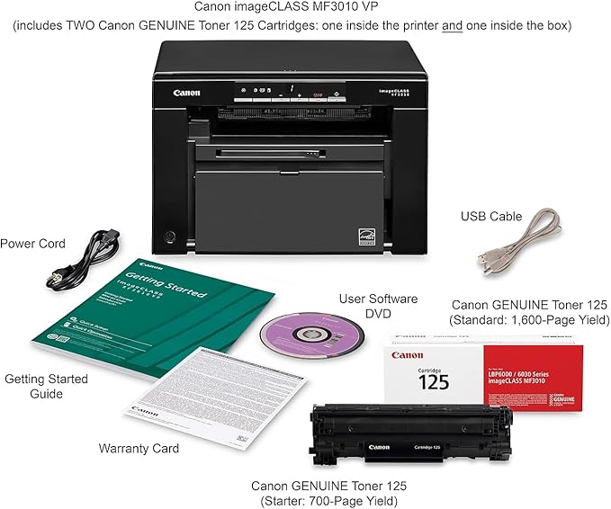 Canon imageCLASS MF3010 VP - Wired Monochrome Multifunction Laser Printer with Scanner, Copier, USB Cable Included, Up To 2,300 Page Toner Yield in Box, 19 PPM, Black