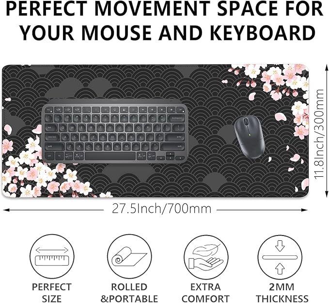 Black Watercolor Cherry Blossom Desk Pad Mouse Pad,Large Gaming Mouse Mat with Stitched Edges,Non-Slip Waterproof Rubber Base Mousepad for Office Work Home Desk Mat(27.5X11.8 in)