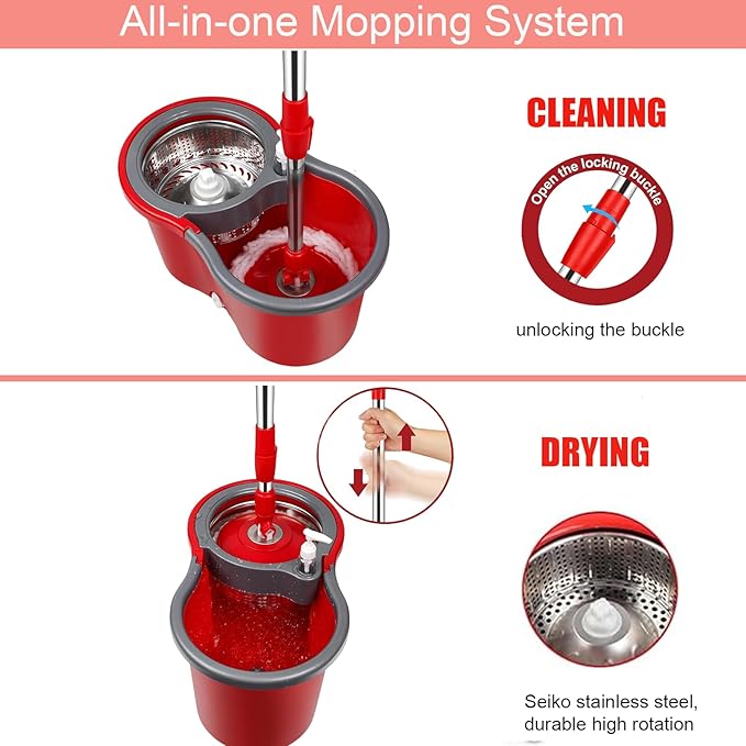 Spin Mop and Bucket with Wringer Set, 360° Spinning Mop Bucket System with 3 Microfiber Mop Replacement Heads Refills,56" Stainless Steel Extended Handle for Floor Cleaning Home(20QT) (Green) (Red)